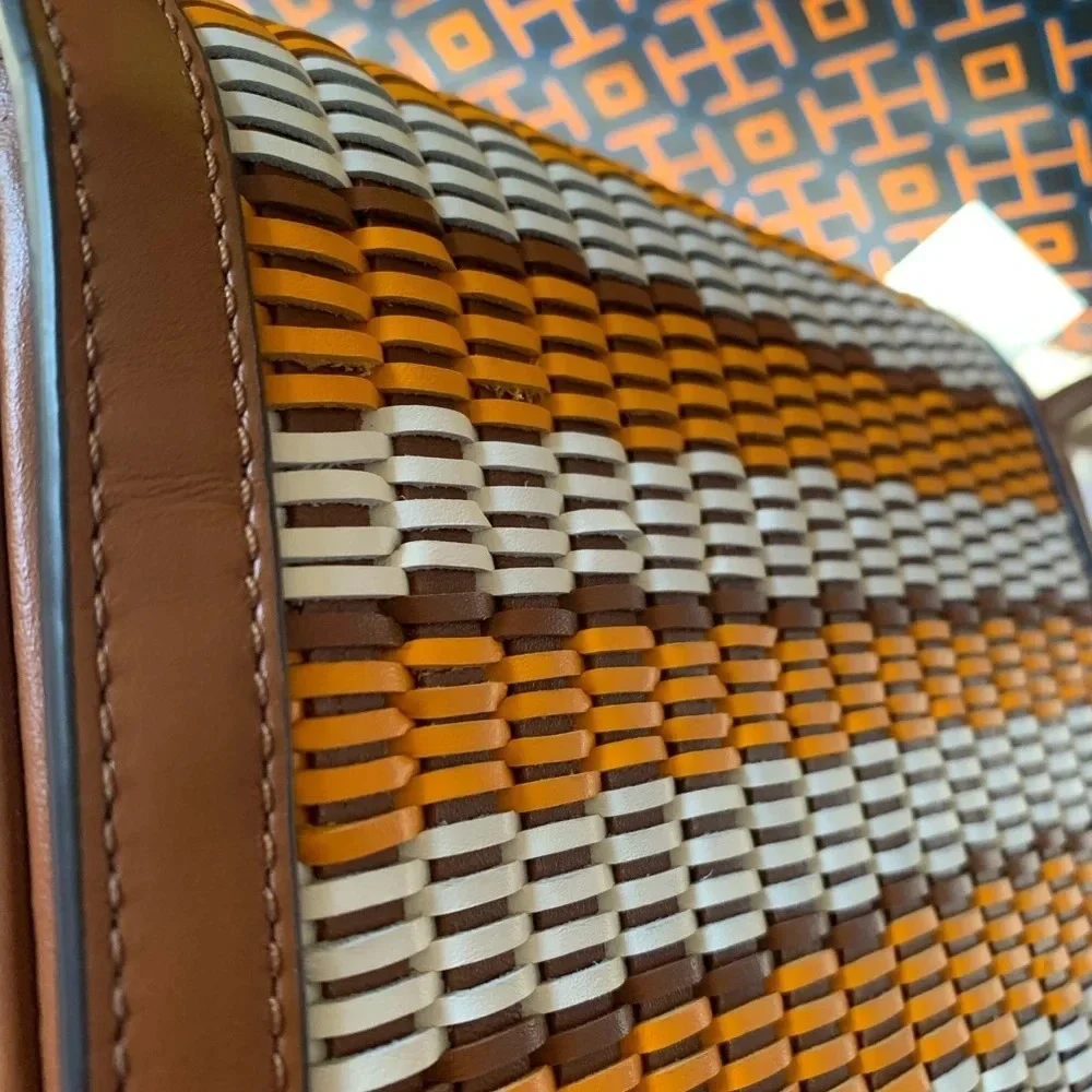 Tory Burch Emerson Woven Crossbody Bag Multicolor Orange White Tan Brown Gold - Picture 4 of 15